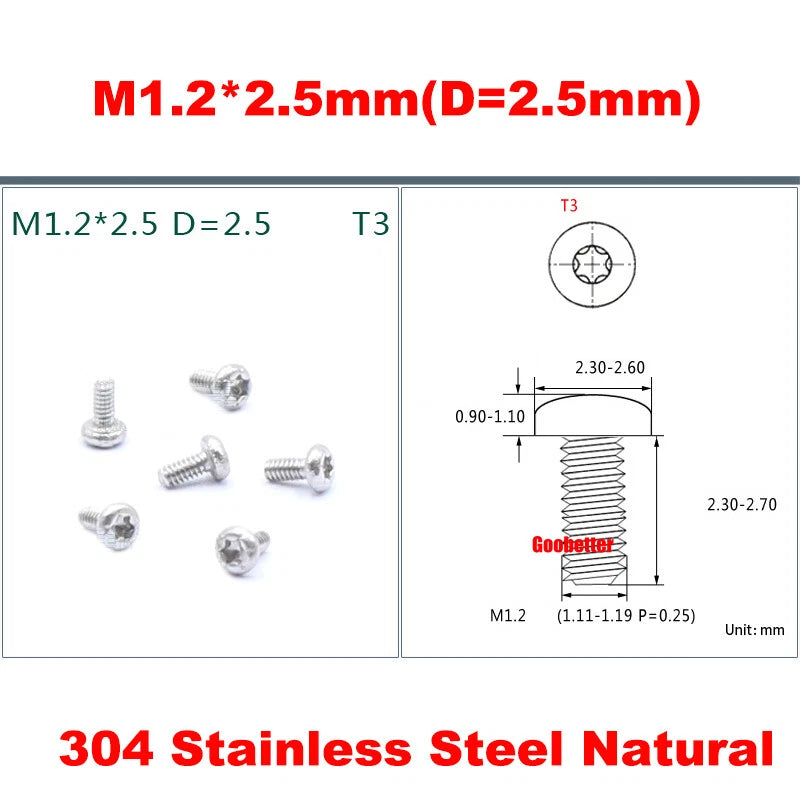 PM1.2–M5 Torx Pan Head Machine Screws – Carbon / 304 Stainless Steel, Micro Plum Round Head Bolts