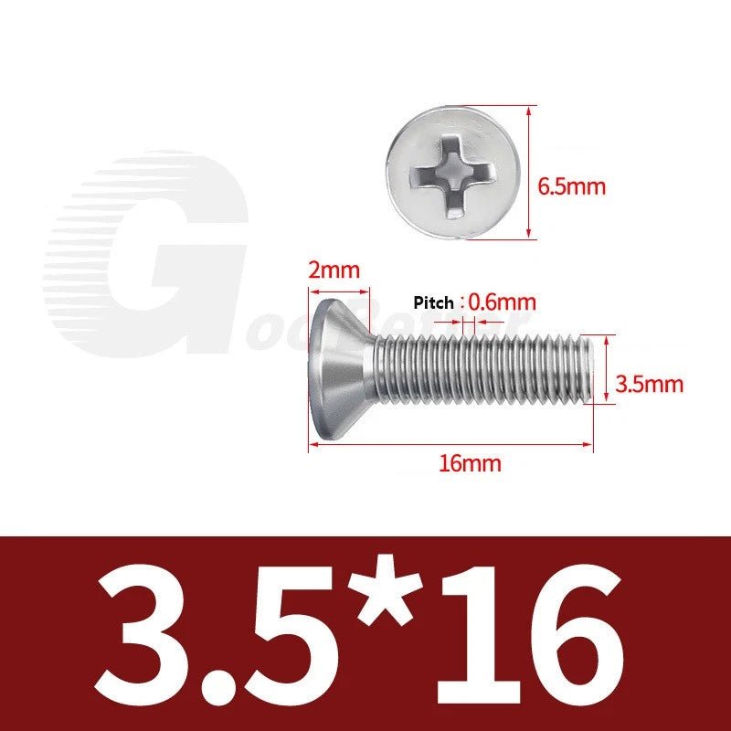 M1–M3.5 Phillips Countersunk Machine Screws – 304 Stainless Steel, Fully Threaded (3–120mm Overall Length) - HomeDIYer