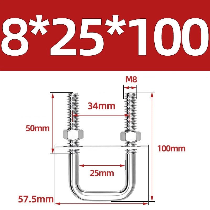 M8 Square U - Bolts Stainless Steel A2 with Plates and Nuts — Multiple Sizes - HomeDIYer