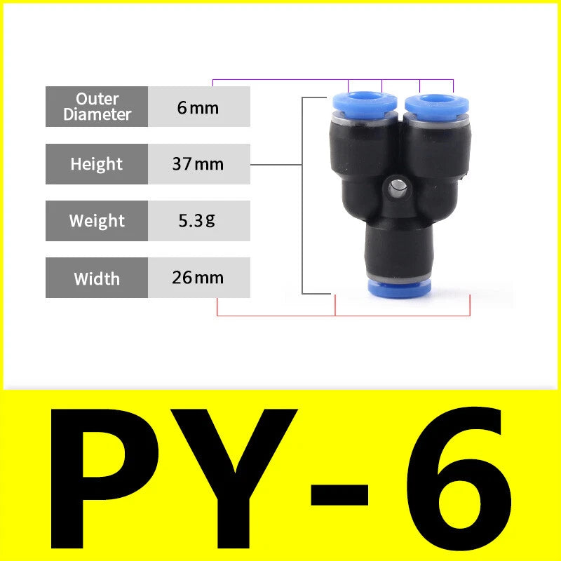 Pneumatic Y Splitter 3-Way Air Hose Fitting — Push-to-Connect, 4mm to 16mm