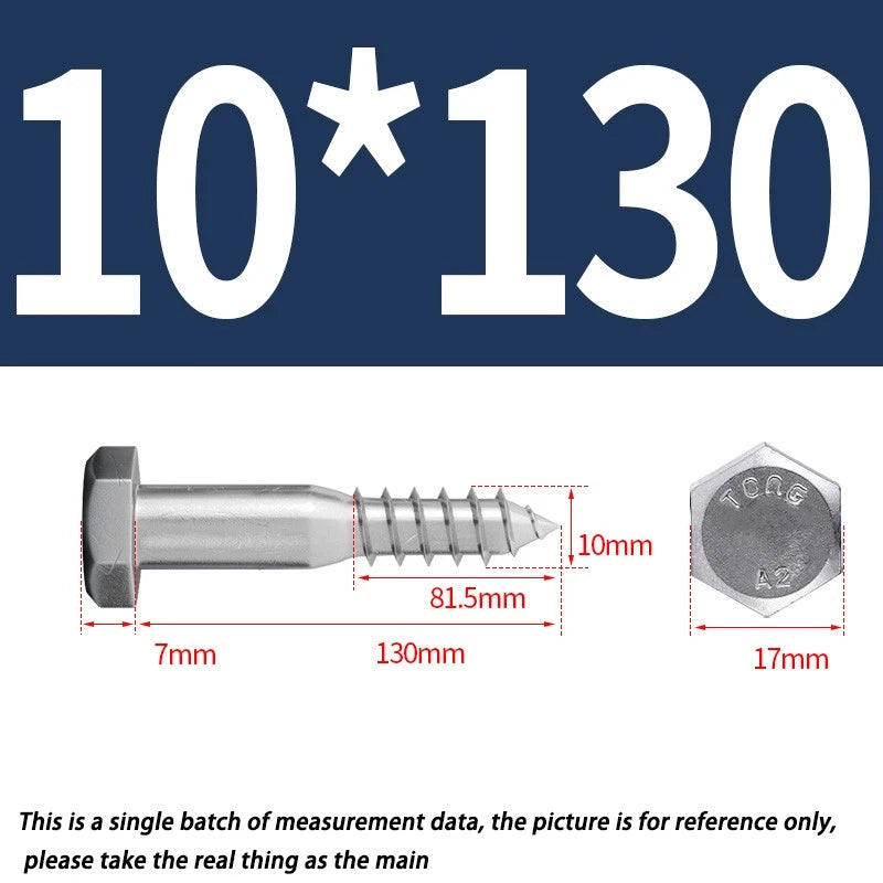 M10 10mm A2 STAINLESS STEEL SCREWS HEX HEAD LAG BOLTS WOOD SCREW BOLT DIN571