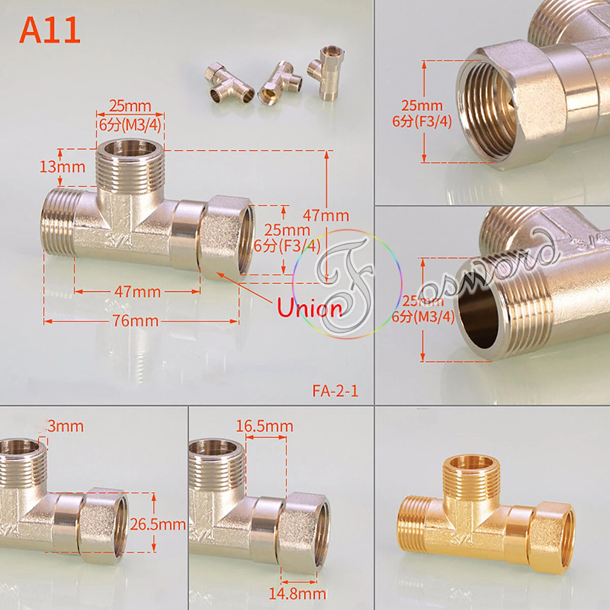 3/4" - 1/2" BSP Brass Pipe Fittings – Elbow 90°, Tee & Union Coupler, Male & Female Thread