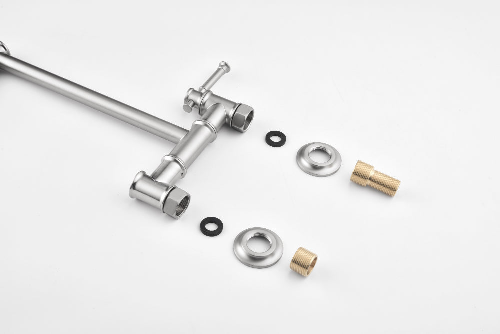 Wall Mounted Pot Filler Faucet – Brushed Nickel, Two-Attachment Folding Swing Arm, Dual Handle, Solid Brass
