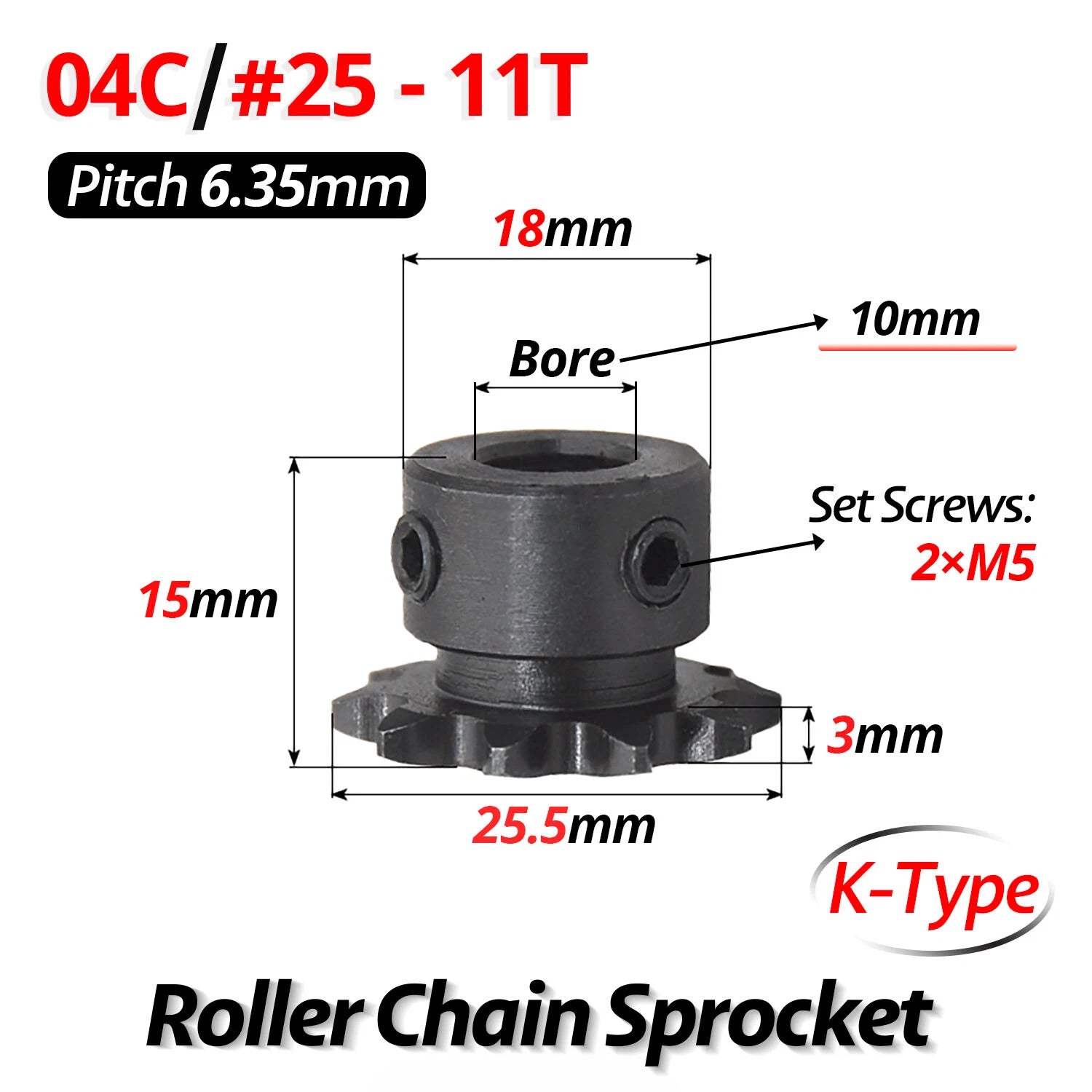 #25 Roller Chain Sprocket 04C 9T-40T Tooth Bore 5mm-20mm Pitch 6.35mm (1/4 inch)