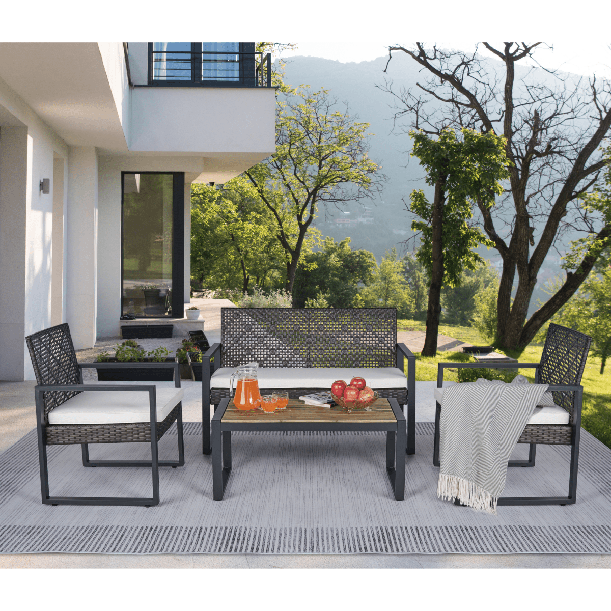 4 - Piece Patio Furniture Set Outdoor Balcony Porch Garden Backyard Lawn Furniture Acacia Wood Table Top, Morden Brown and Beige Cushion - HomeDIYer