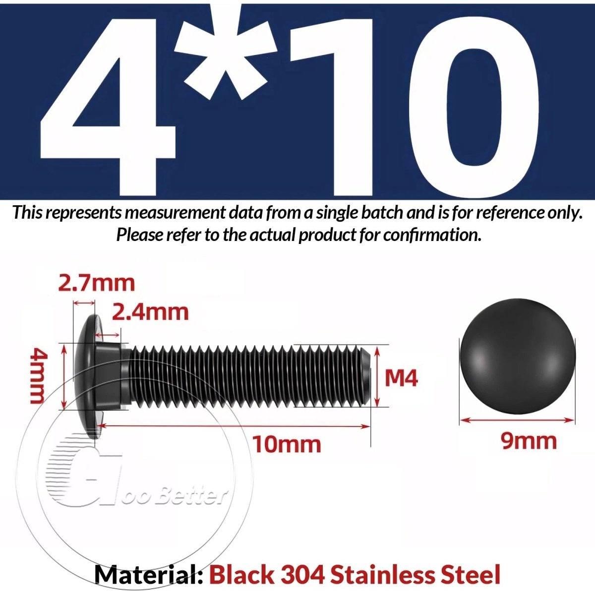 Black Carriage Bolts M3 M4 M5 M6 — Cup Square Domed Head, A2 - 70 Stainless Steel - HomeDIYer