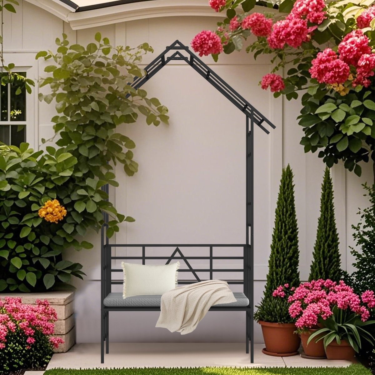 Metal Garden Arch with Bench Turned into Flower Stand W58.07*H97.24 Climbing Plants Support Rose Arch Outdoor Black - HomeDIYer