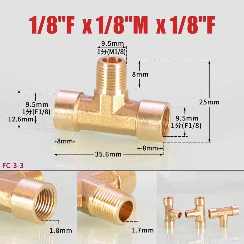 Brass BSP Tee Fitting 1/8" 1/4" 3/8" — Male Female Thread Pipe Connector