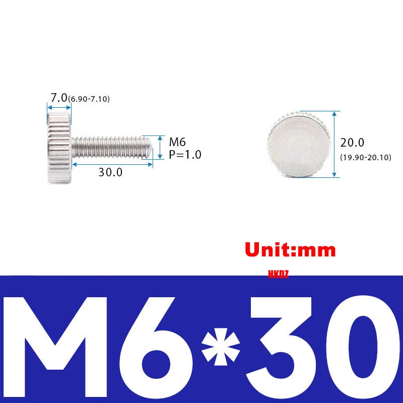 303 Stainless Steel Knurled Flat Head Thumb Screws M6x25 30 35mm Hand Screw Bolt