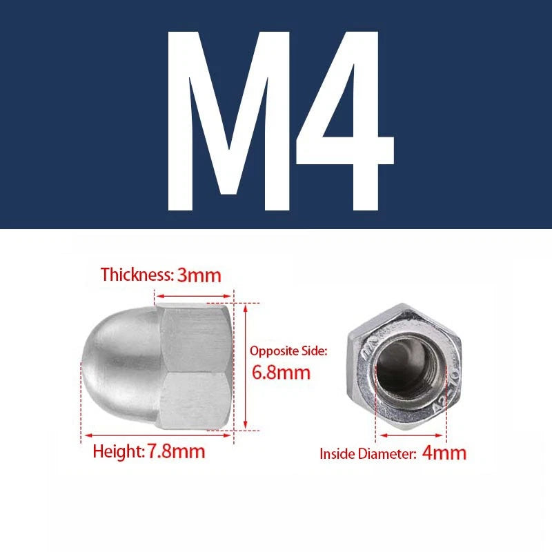 304 Stainless Steel Cap Nuts – Acorn Nuts for M3 to M12 Screws (Decorative & Protective)