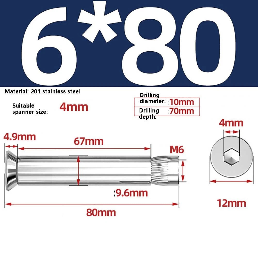 M6–M12 Countersunk Expansion Bolts | 201 Stainless Steel Hex Socket Sleeve Anchors