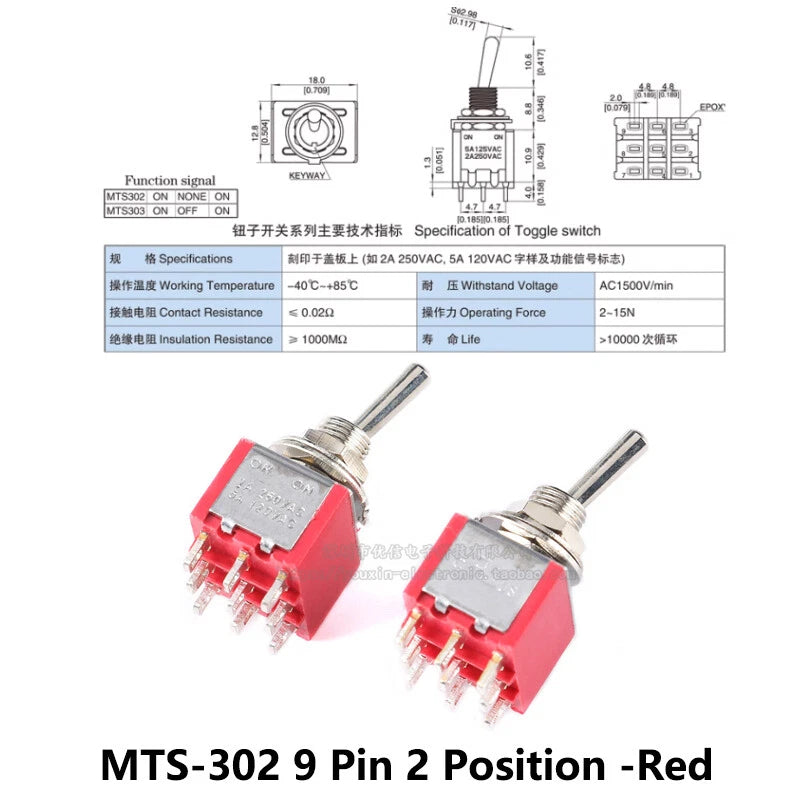 MTS Series Toggle Switch 3–12 Pin | On-On / On-Off-On | Blue & Red