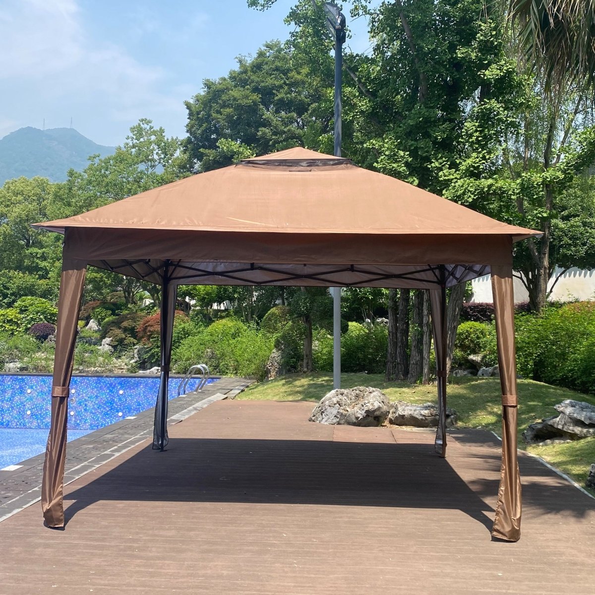Outdoor 11x 11Ft Pop Up Gazebo Canopy With Removable Zipper Netting,2 - Tier Soft Top Event Tent,Suitable For Patio Backyard Garden Camping Area with 4 Sandbags,Brown - HomeDIYer