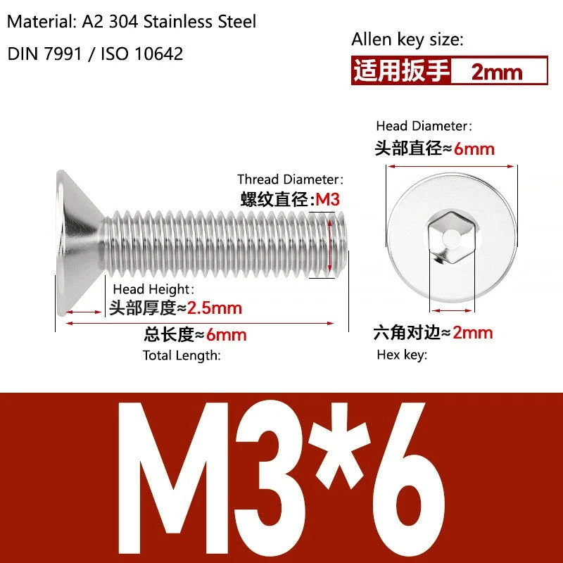 A2 Stainless Steel Socket Countersunk Screws – ISO 10642, M3 M4 M5