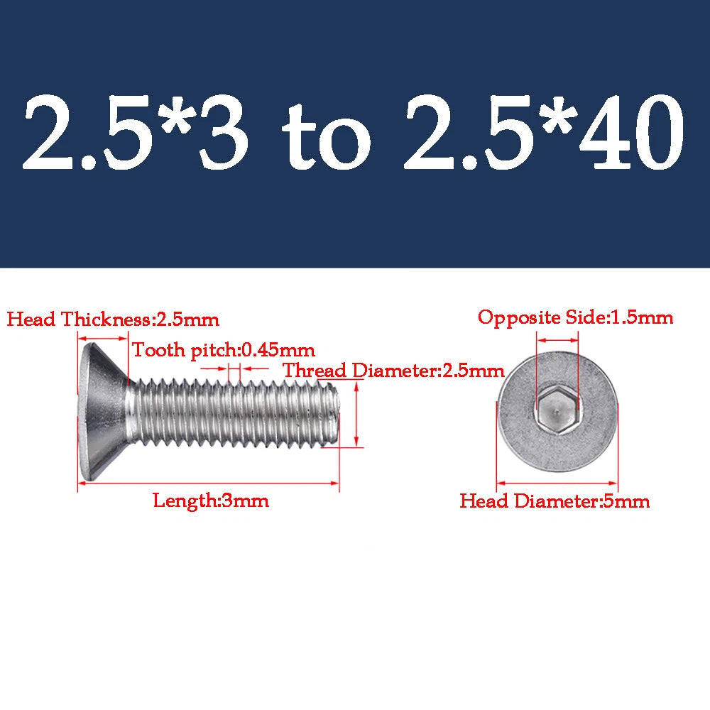 M1.6-M16 A2 Stainless Steel Hex Socket Countersunk Flat Head Screws | 10 PCS