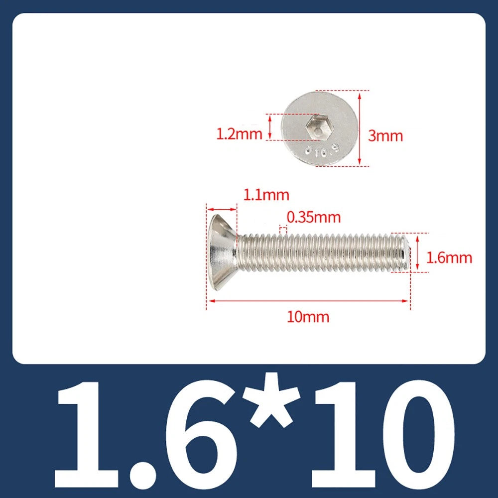 Grade 10.9 Alloy Steel Countersunk Socket Head Screws — M1.6 to M4, 10–500 Pcs