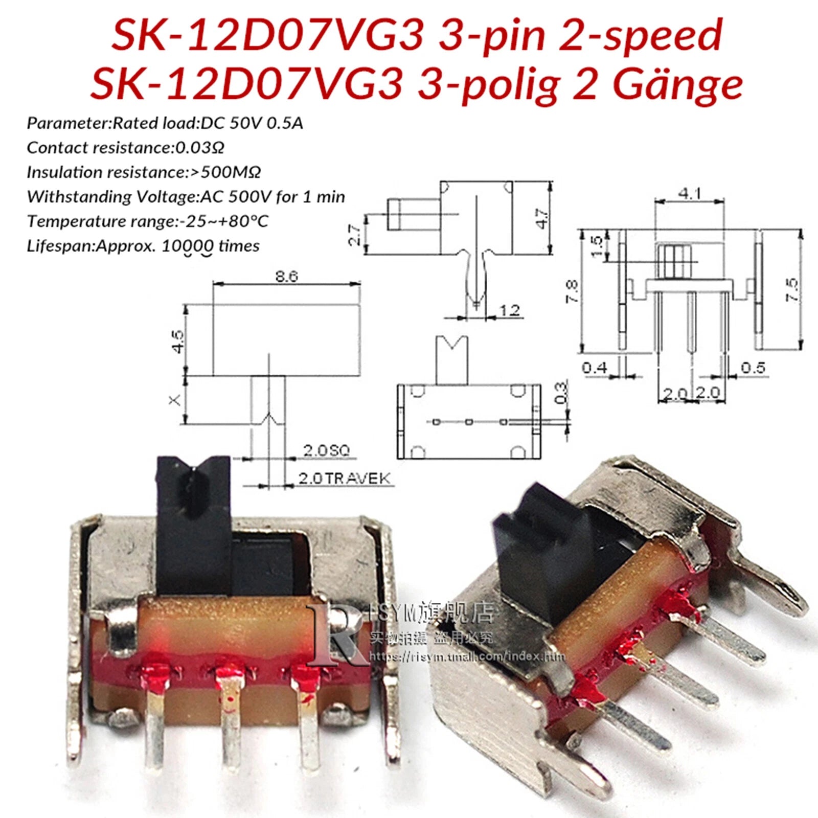 Mini Slide Switch PCB Mount — SS / SK / MSS / MSK Series, 3–8 Pin, 2mm–6mm Handle, Single & Double Row