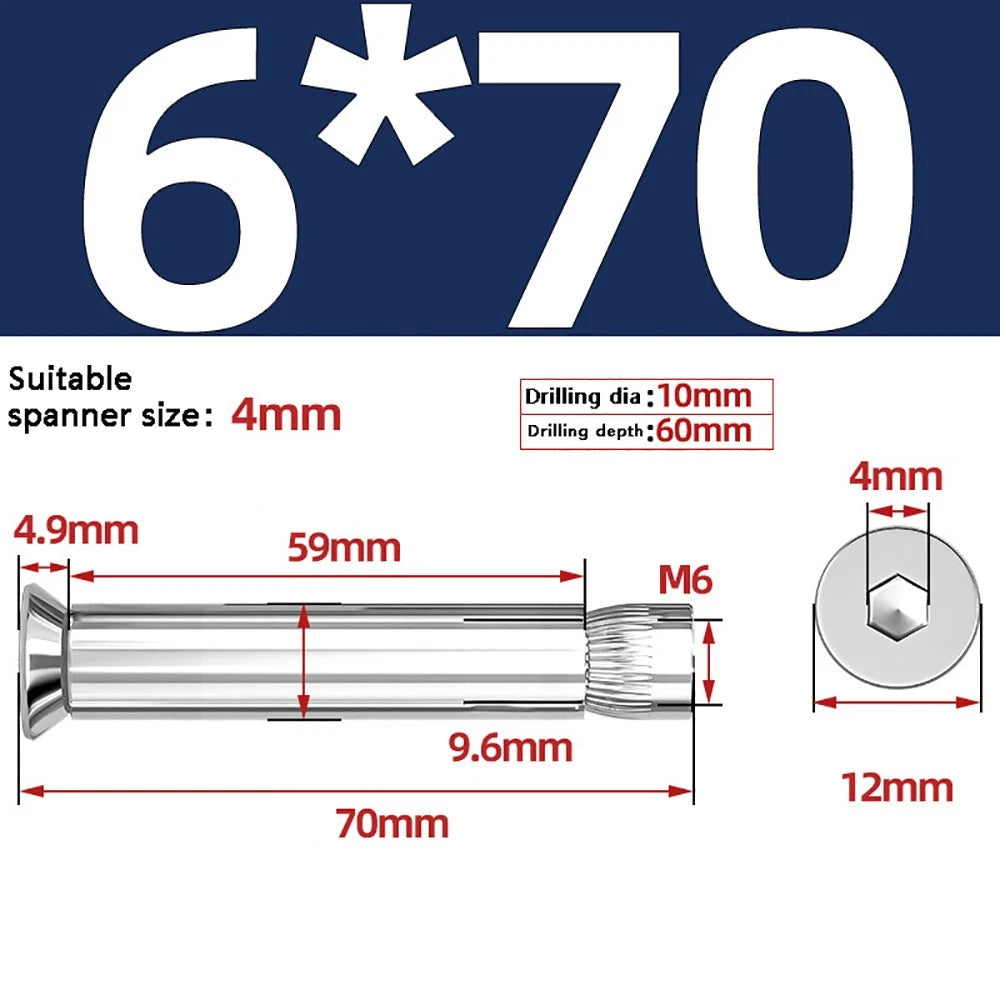 M6–M12 Countersunk Hex Socket Expansion Bolts — 304 & 201 Stainless Steel, A-Type & B-Type