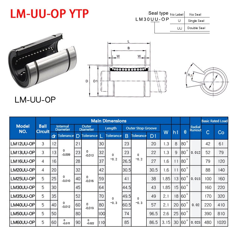Linear Motion Ball Bearing LM3UU~LM60UU Slide Open Bushing Motion Ball Bearings