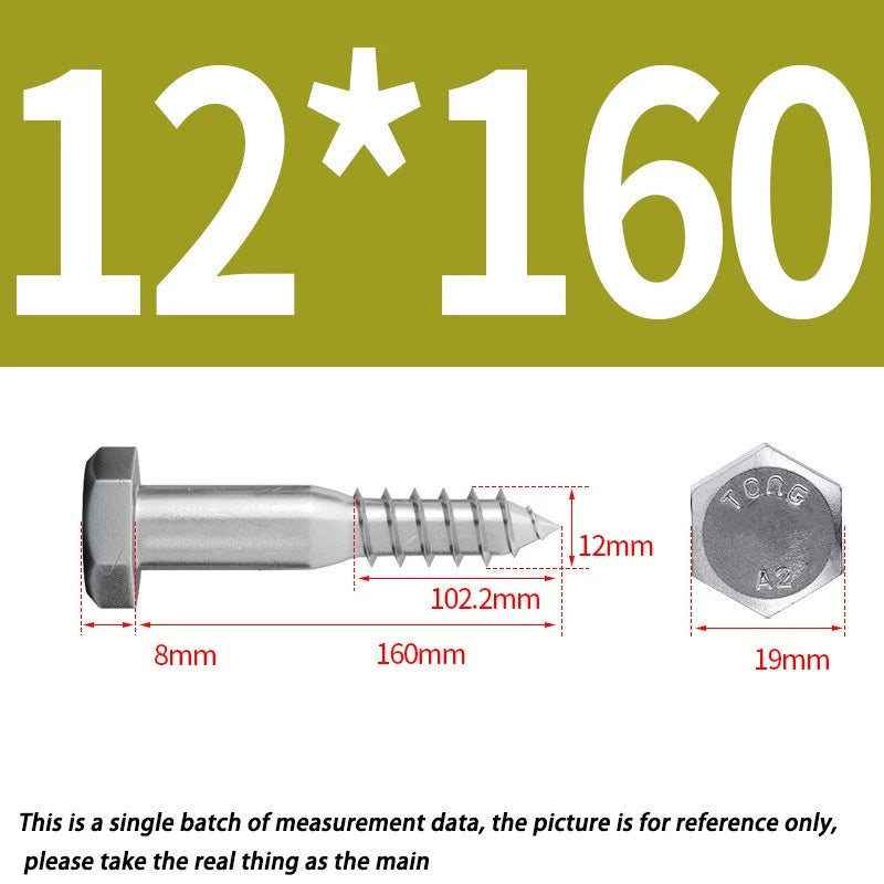 12mm M12 A2 STAINLESS STEEL SCREWS HEX HEAD LAG BOLTS WOOD SCREW BOLT DIN571