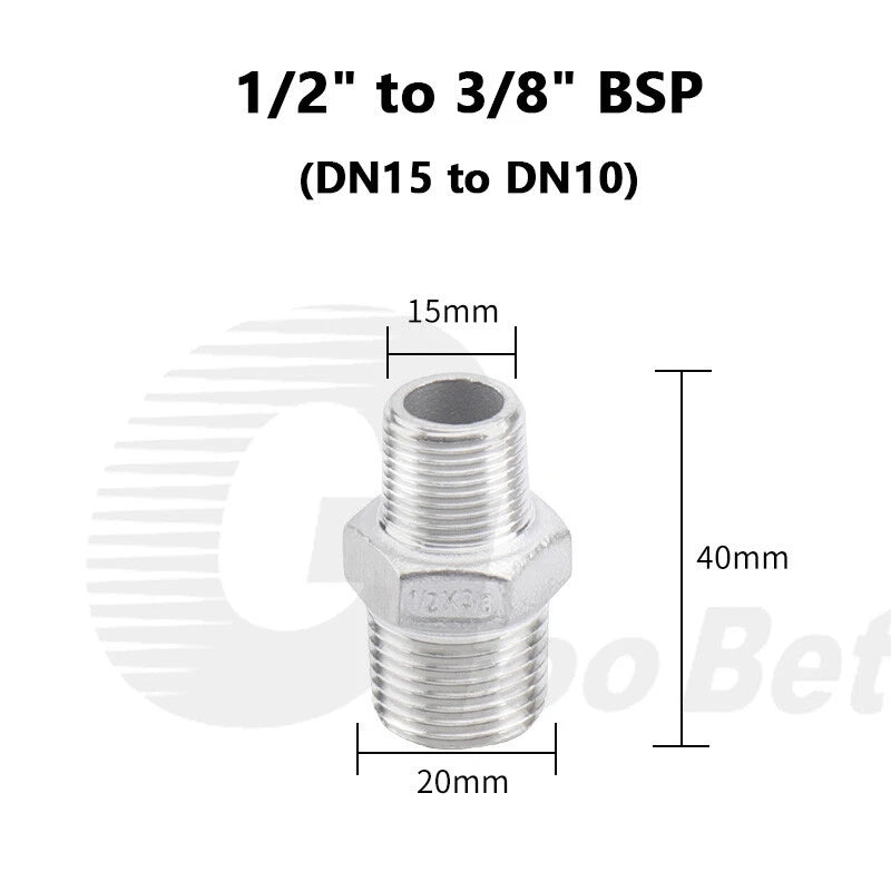 304 Stainless Steel Reducing Hex Nipple BSP Male Thread Pipe Fitting | 1/8" to 2"