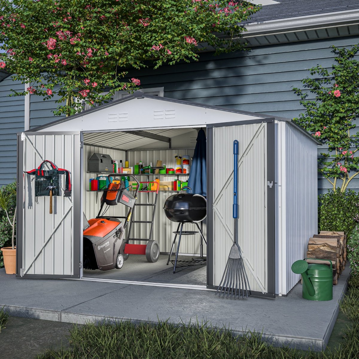 10X8 FT Outdoor Storage Shed, All Weather Metal Sheds with Lockable Doors, Tool Shed for Garden, Patio, Backyard, Lawn, Grey - HomeDIYer