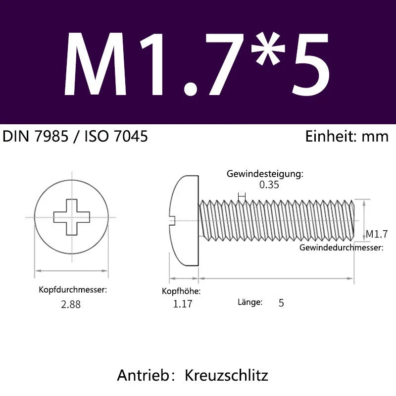 6063 Aluminium Phillips Pan Head Machine Screws DIN 7985 — M1.7 to M6 Metric