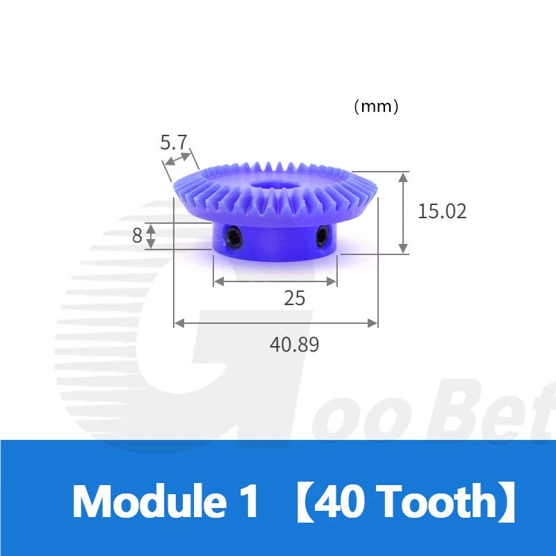 Straight Bevel Gear Module 1 90° 1:2 Pairing 15-40 Tooth 5-12mm Bore Nylon Blue