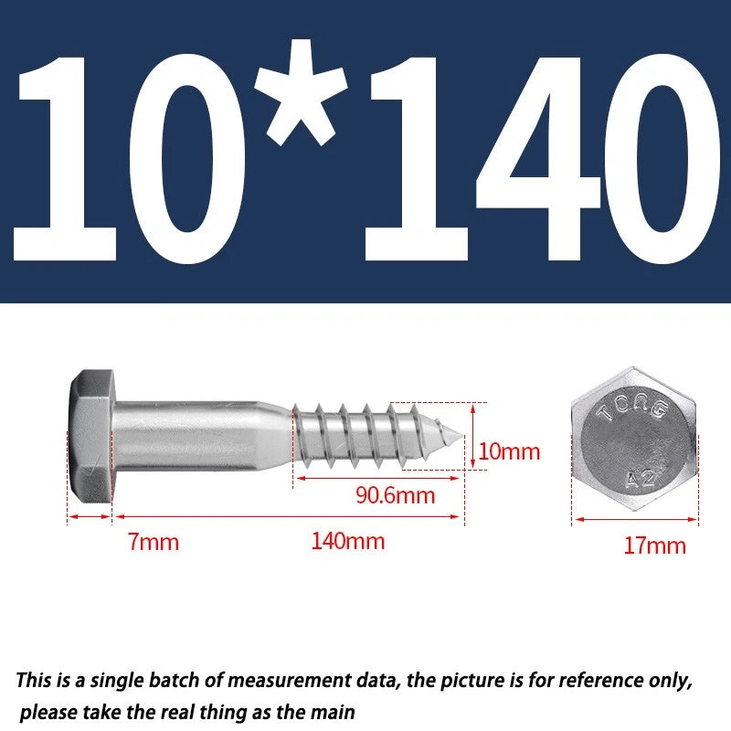 M10 10mm A2 STAINLESS STEEL SCREWS HEX HEAD LAG BOLTS WOOD SCREW BOLT DIN571