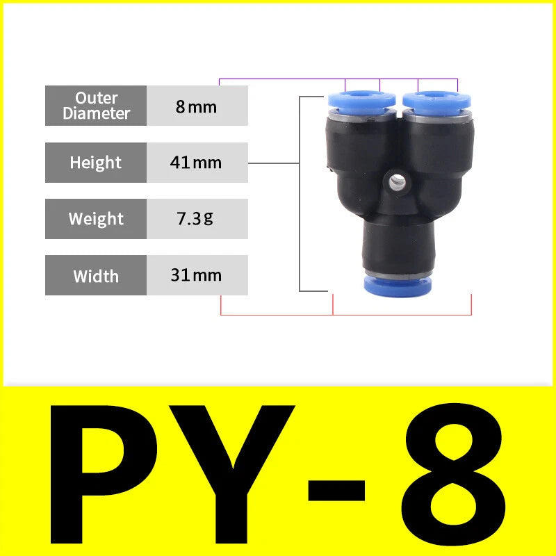 Pneumatic Y Splitter 3-Way Air Hose Fitting — Push-to-Connect, 4mm to 16mm