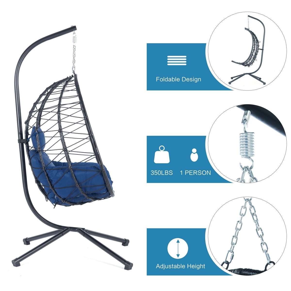Egg Chair with Stand Indoor Outdoor Swing Chair Patio Wicker Hanging Egg Chair Hanging Basket Chair Hammock Chair with Stand for Bedroom Living Room Balcony Navy Blue - HomeDIYer