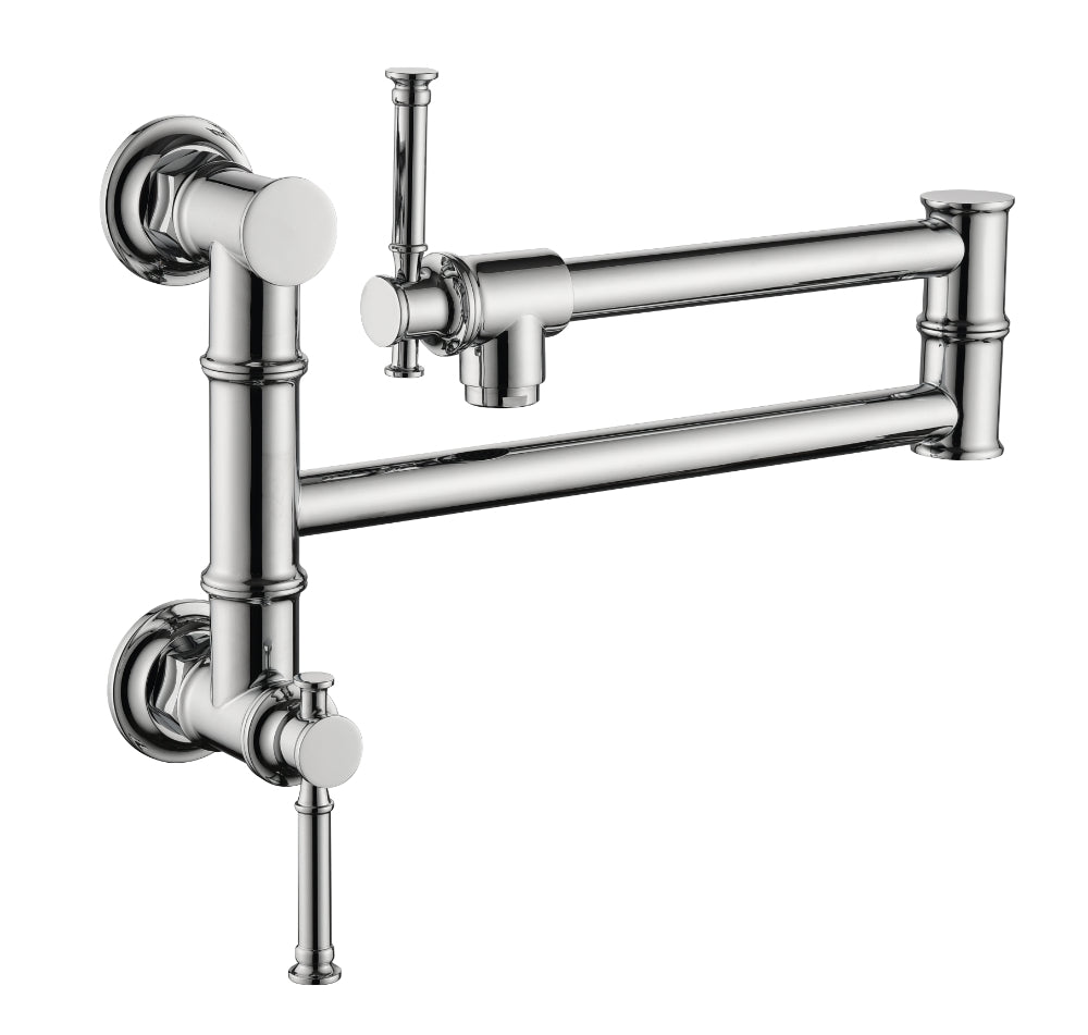 Wall Mounted Pot Filler Faucet – Chrome, Two-Attachment Folding Swing Arm, Dual Handle, Solid Brass