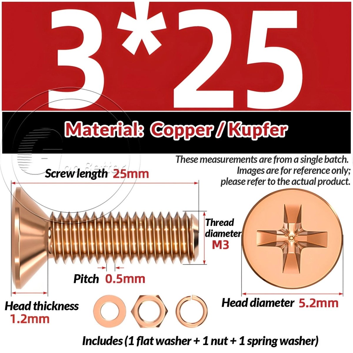 T2 Copper Pozi Countersunk Machine Screws with Flat Washer & Nut | M3–M10 - HomeDIYer
