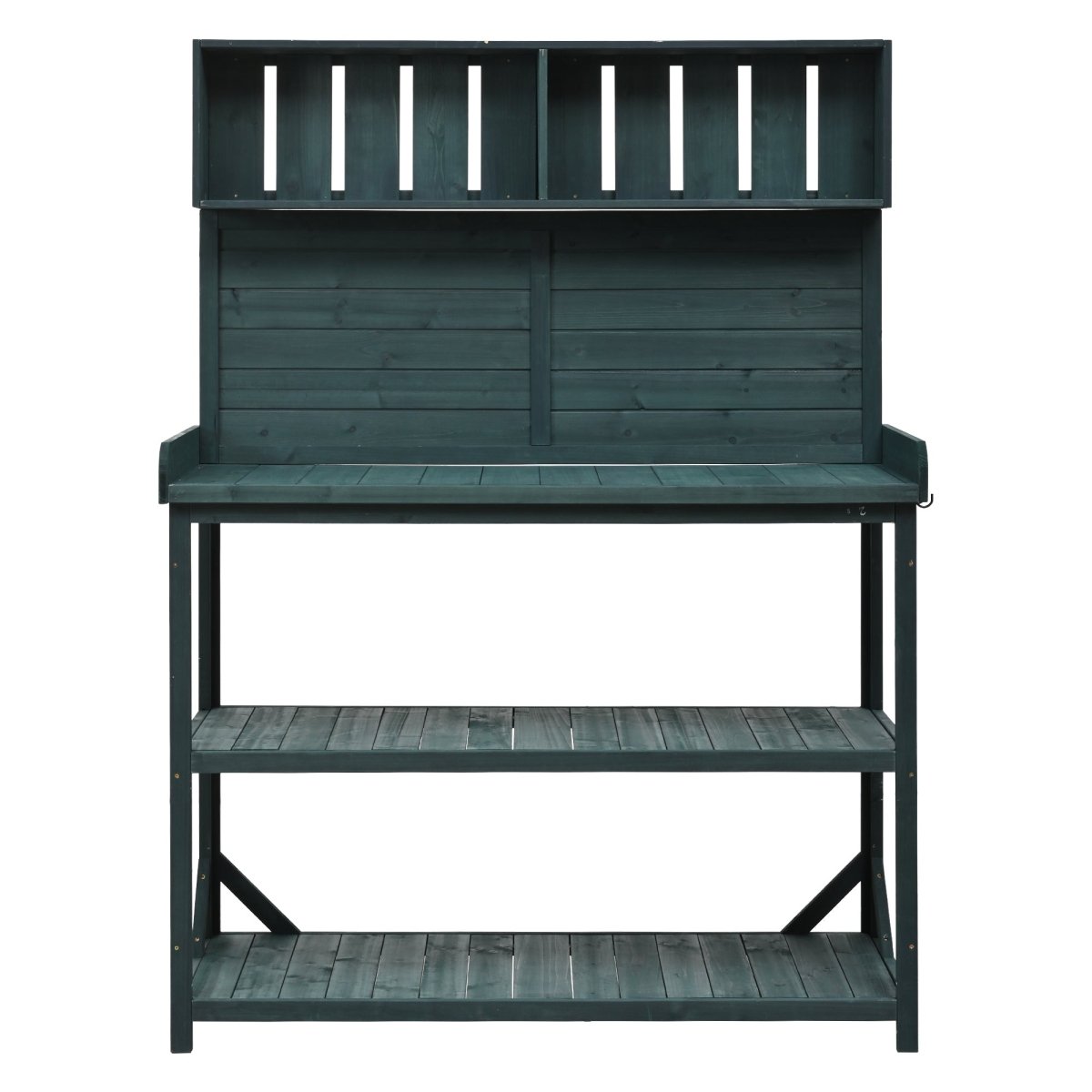 65" Large Wooden Farmhouse Rustic Outdoor Potting Bench Table, Patio Workstation, Garden Potting Bench with 4 Storage Shelves and Side Hook, Forest Green - HomeDIYer