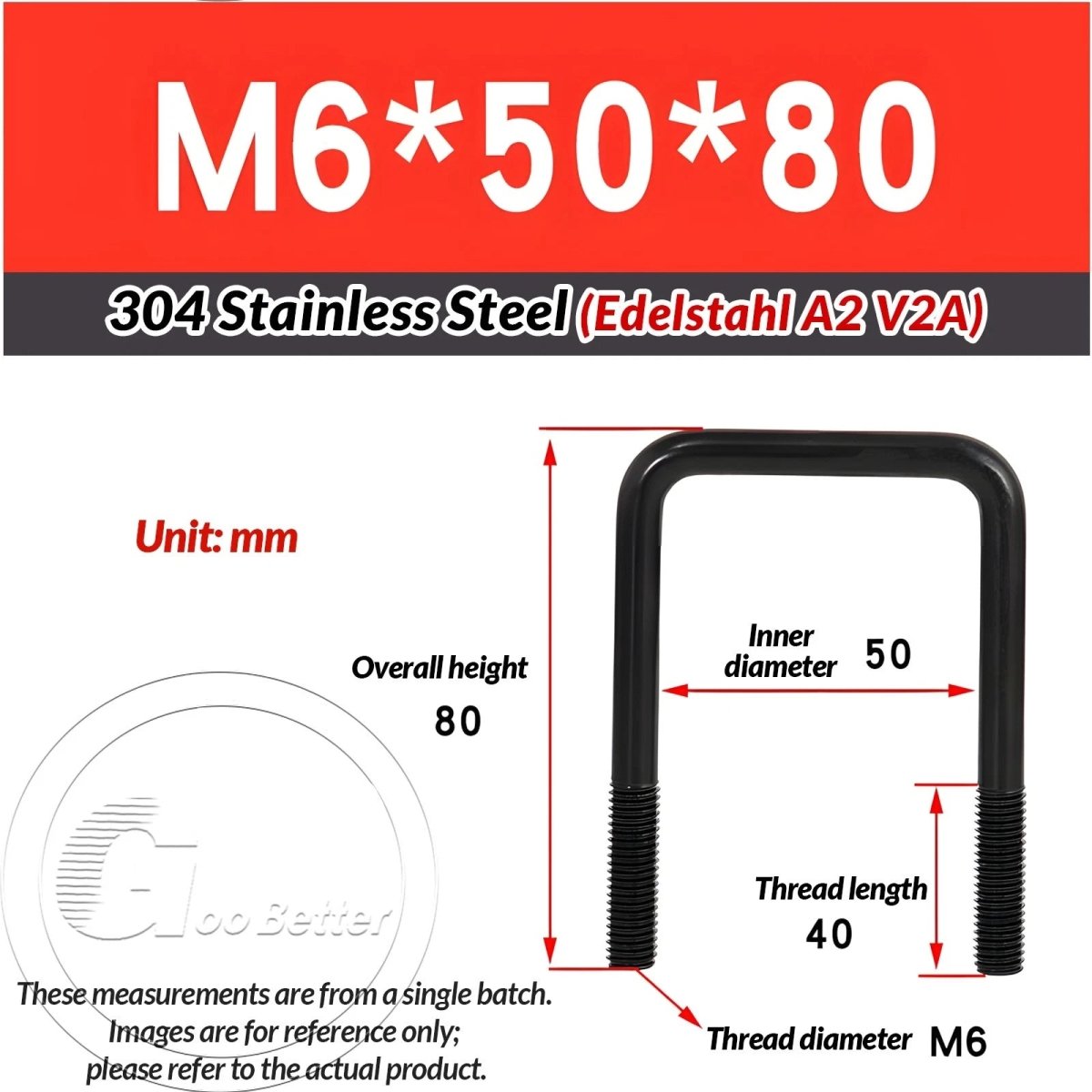 Black Square U - Bolts 304 Stainless Steel Fixing Clamp — M6 M8 M10 - HomeDIYer