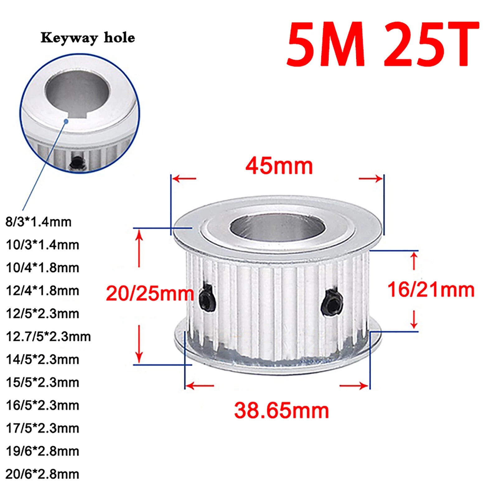 5M Timing Belt Pulley Drive Pulley Through Hole 10T -100 Tooth 21mm Width For 3D