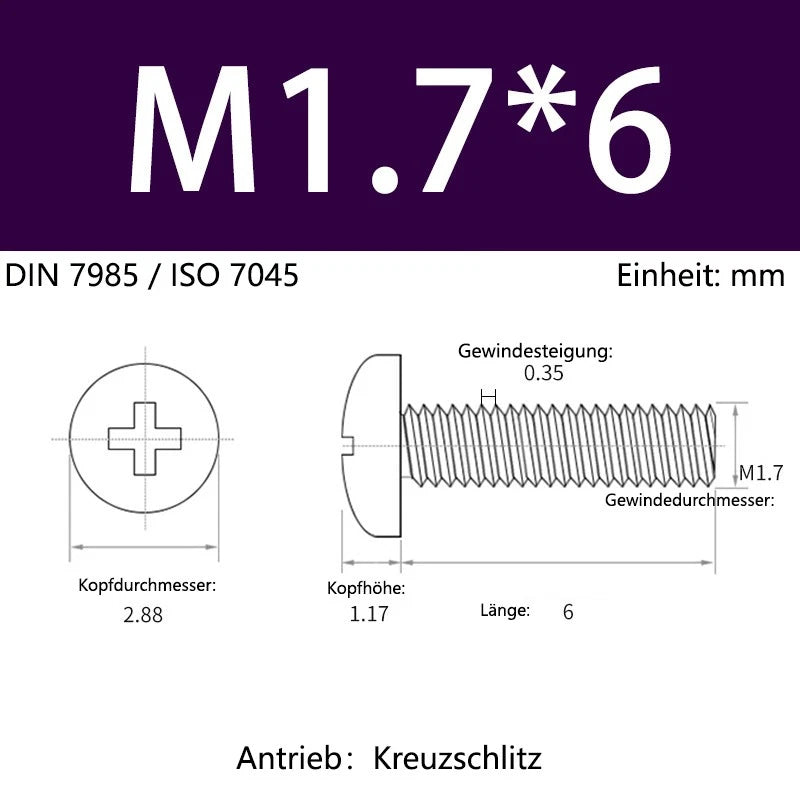 6063 Aluminium Phillips Pan Head Machine Screws DIN 7985 — M1.7 to M6 Metric