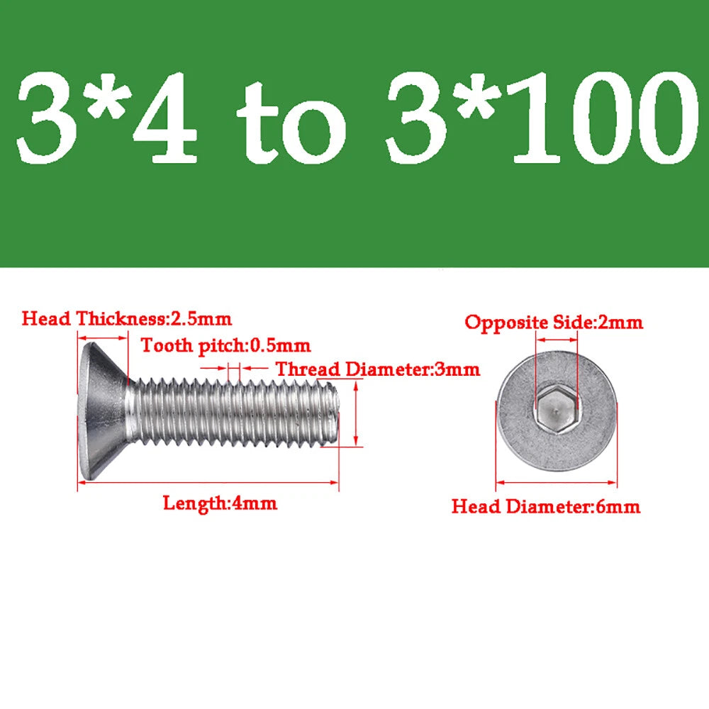 M1.6-M16 A2 Stainless Steel Hex Socket Countersunk Flat Head Screws | 10 PCS