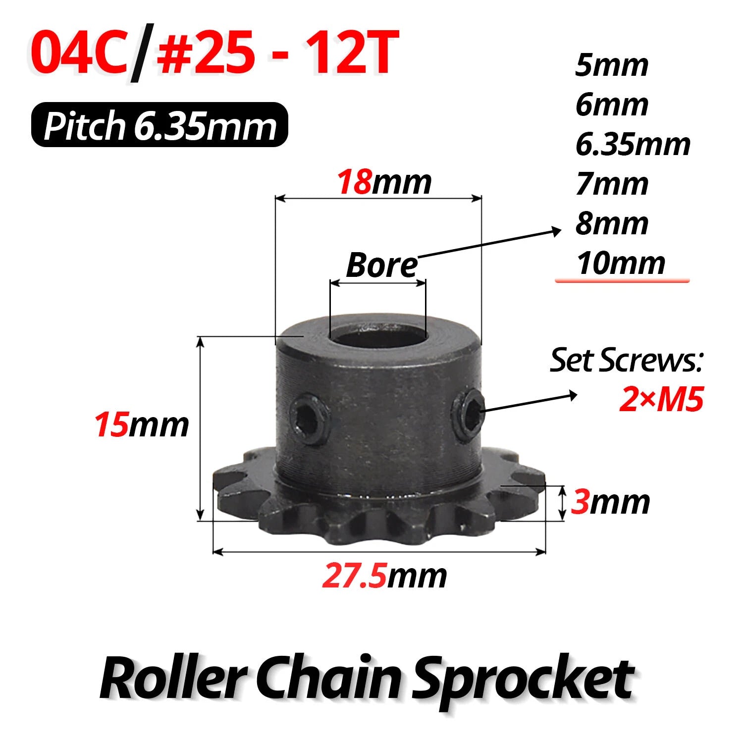 #25 Roller Chain Sprocket 04C 9T-40T Tooth Bore 5mm-20mm Pitch 6.35mm (1/4 inch)