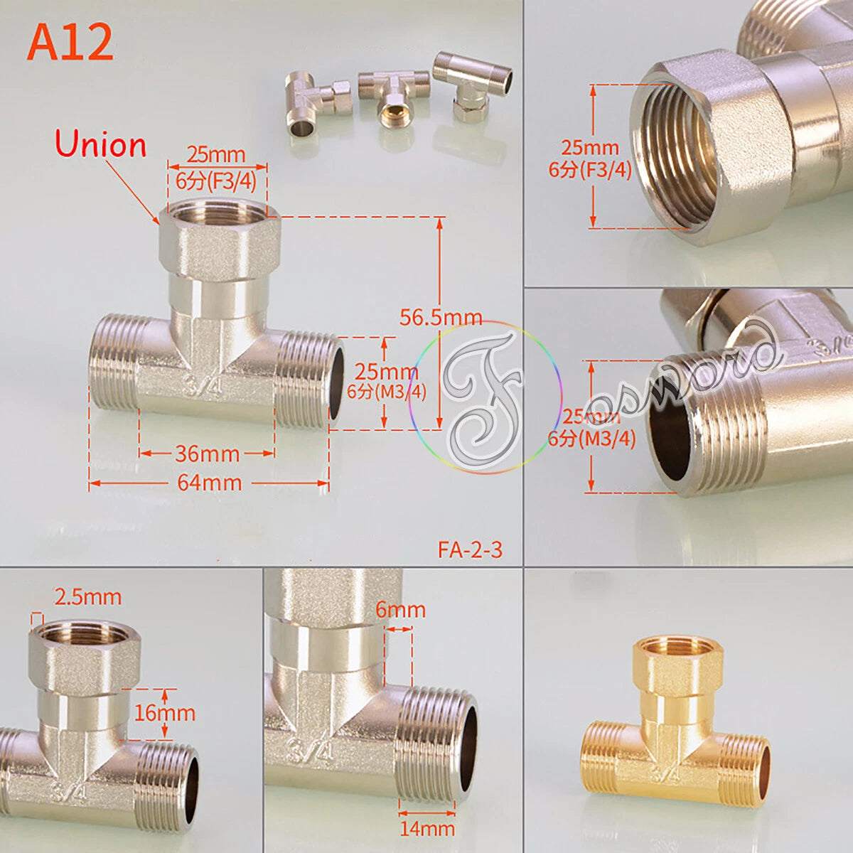 3/4" - 1/2" BSP Brass Pipe Fittings – Elbow 90°, Tee & Union Coupler, Male & Female Thread