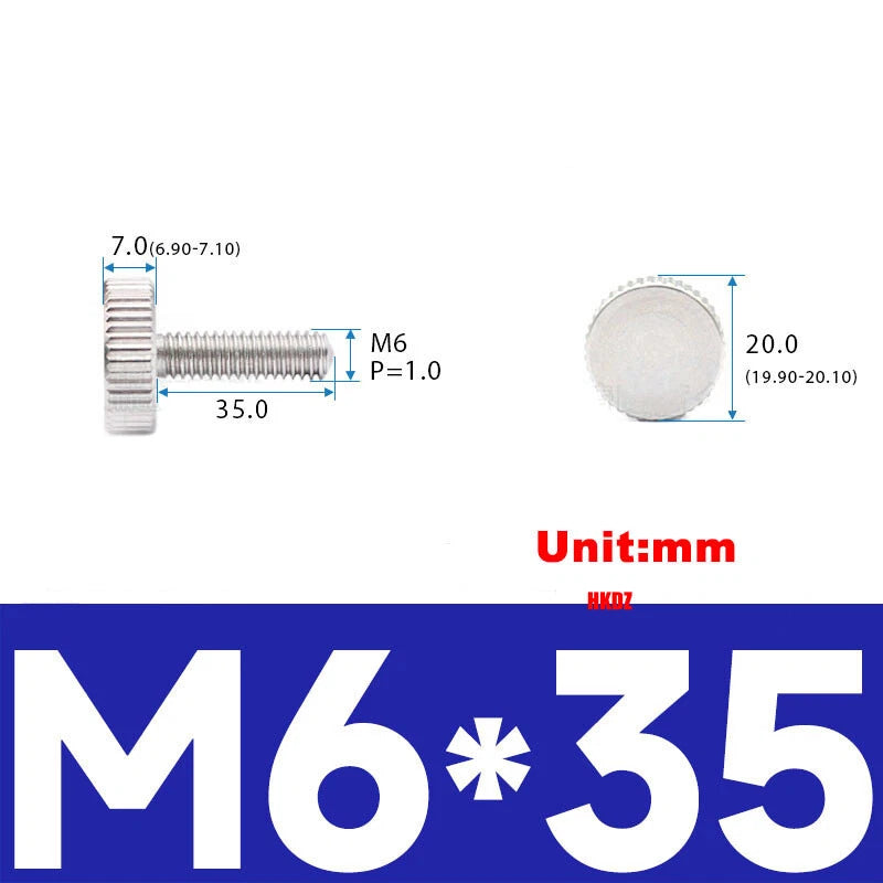 303 Stainless Steel Knurled Flat Head Thumb Screws M6x25 30 35mm Hand Screw Bolt
