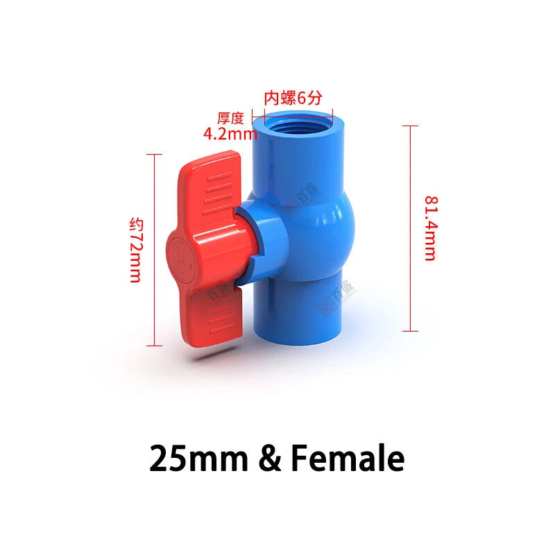 PVC Pipe Fittings 20mm-110mm Ball Valve Socket Solvent Weld-Female Thread Blue