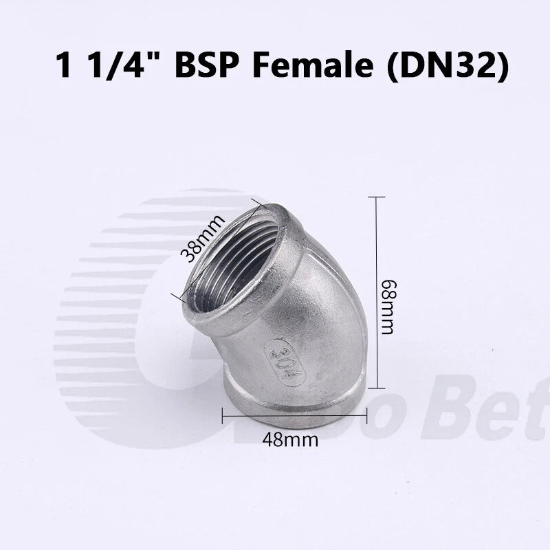 Stainless Steel 45° Elbow BSP Female Threaded Pipe Fitting — 304 SS, 1/8" to 2" (DN6–DN50)