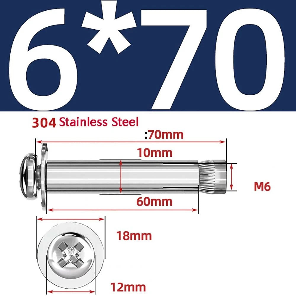 M6 M8 M10 Stainless Steel Expansion Screws — Round Head Phillips Drive, 40–100mm