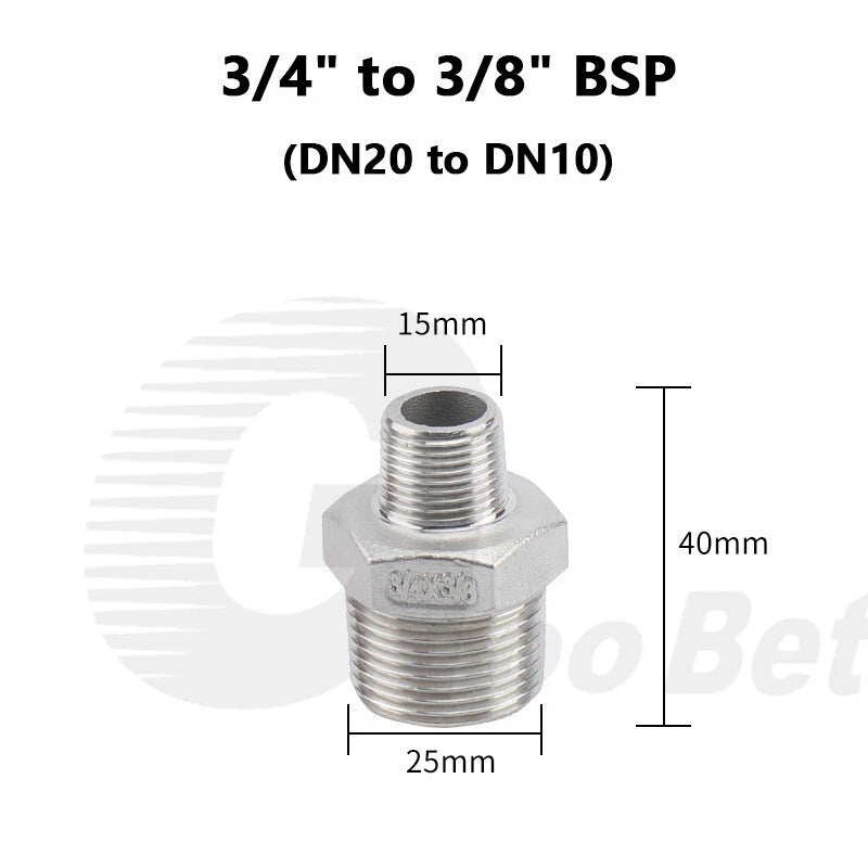 304 Stainless Steel Reducing Hex Nipple BSP Male Thread Pipe Fitting | 1/8" to 2"