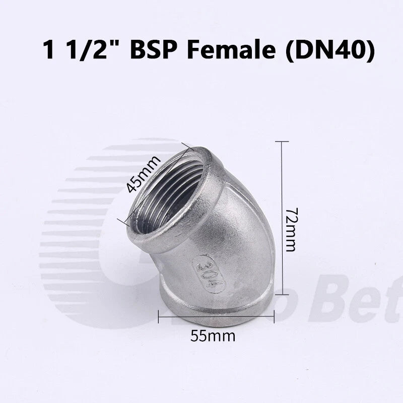 Stainless Steel 45° Elbow BSP Female Threaded Pipe Fitting — 304 SS, 1/8" to 2" (DN6–DN50)