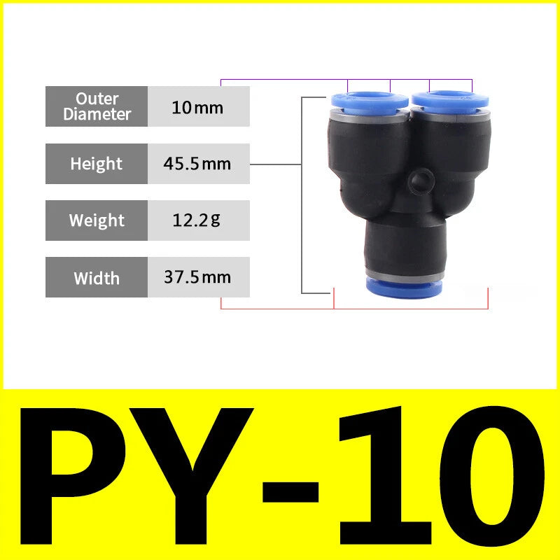 Pneumatic Y Splitter 3-Way Air Hose Fitting — Push-to-Connect, 4mm to 16mm