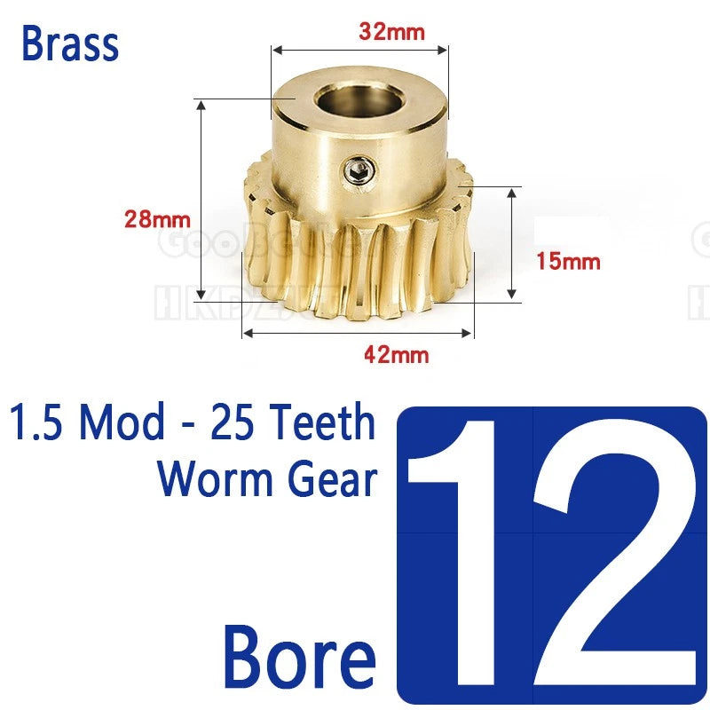 Mod 1.5 Worm Gear Wheel Brass 25 Tooth Worm Shaft 45# Steel Precision Ø 8-17 mm