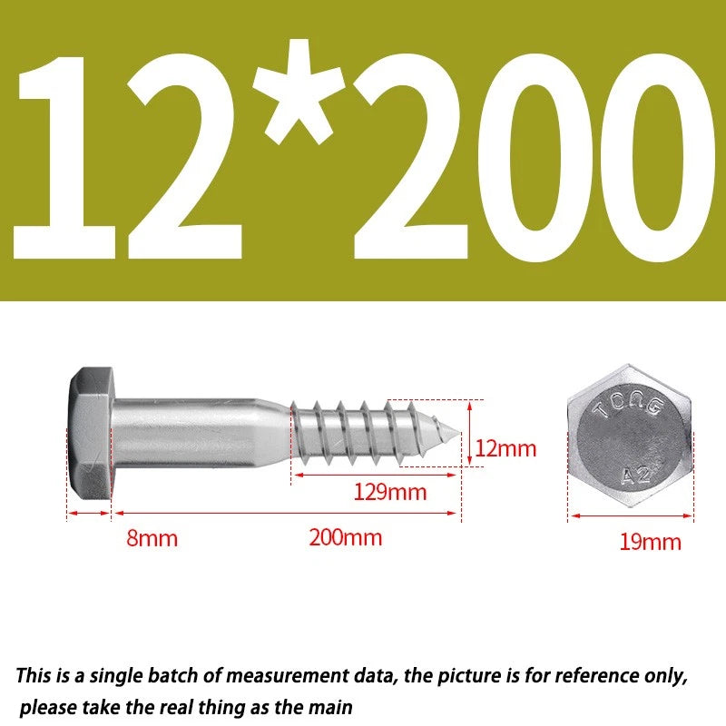 12mm M12 A2 STAINLESS STEEL SCREWS HEX HEAD LAG BOLTS WOOD SCREW BOLT DIN571