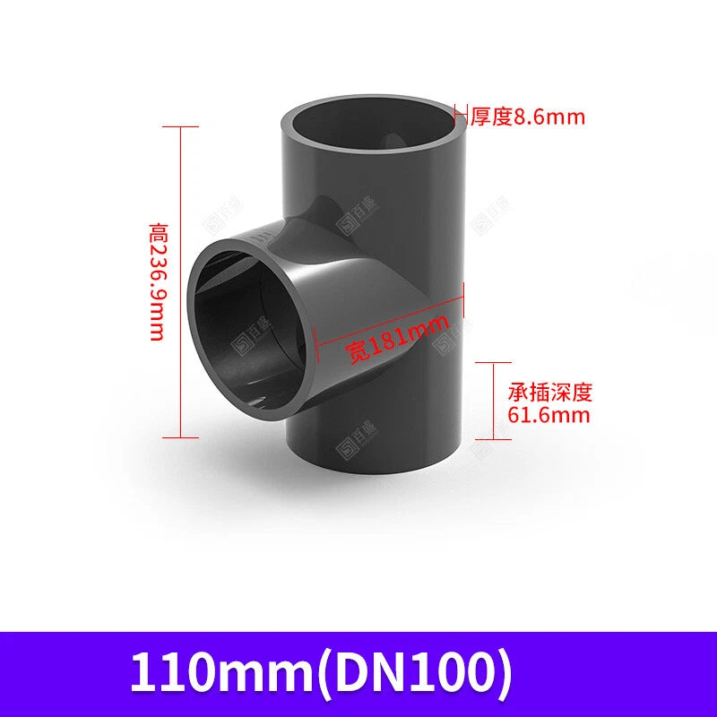 UPVC PVC Pipe Fittings Tee Straight Elbow Plumbing Couping ID 63-110mm Dark Grey